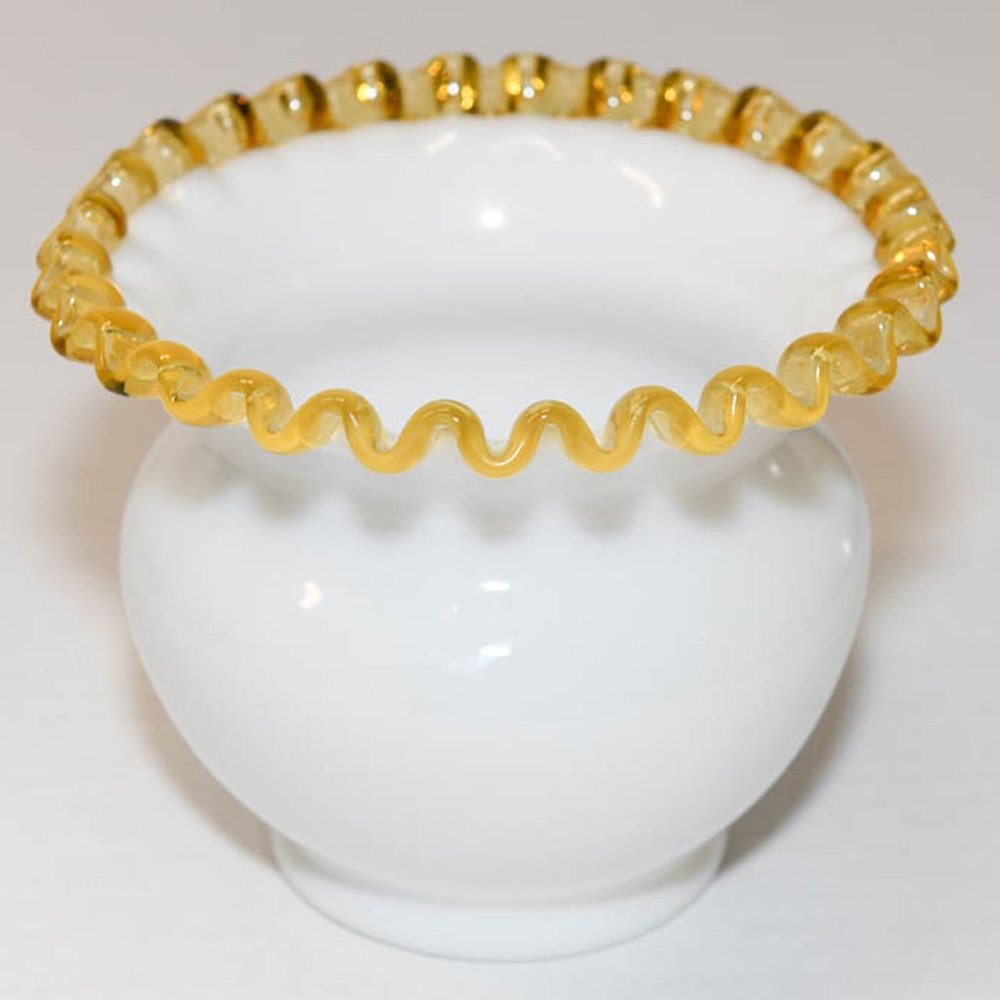 Vintage 5" Fenton Hand Blown Glass White Ball Vase with Crimped Gold Crest